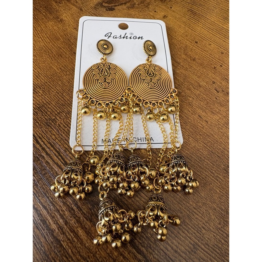 Vintage Style Gold Tone Jhumka Tassel Dangle Earrings Boho Statement NWT - Picture 2 of 4